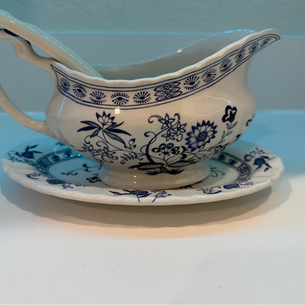 Blue and White Floral Gravy Boat with Saucer